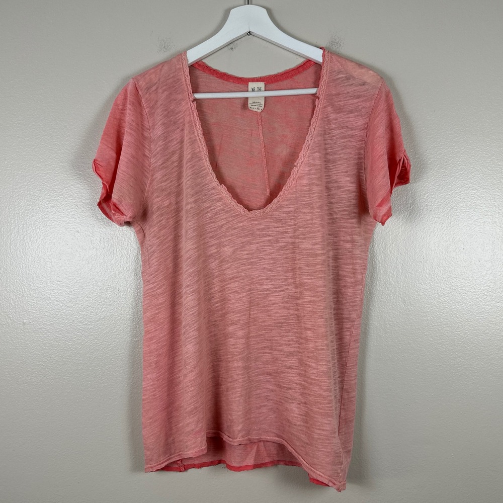 We The Free Womens M T-Shirt Coral Pink Linen Blend Scoop Neck Crochet Trim Boho